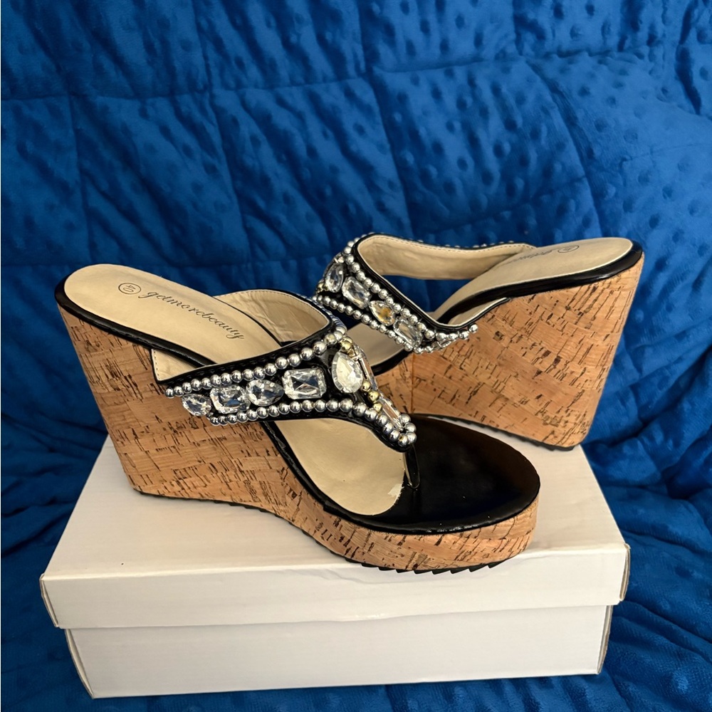 Grace & Kelly Black Wedge Heels with Embellishments